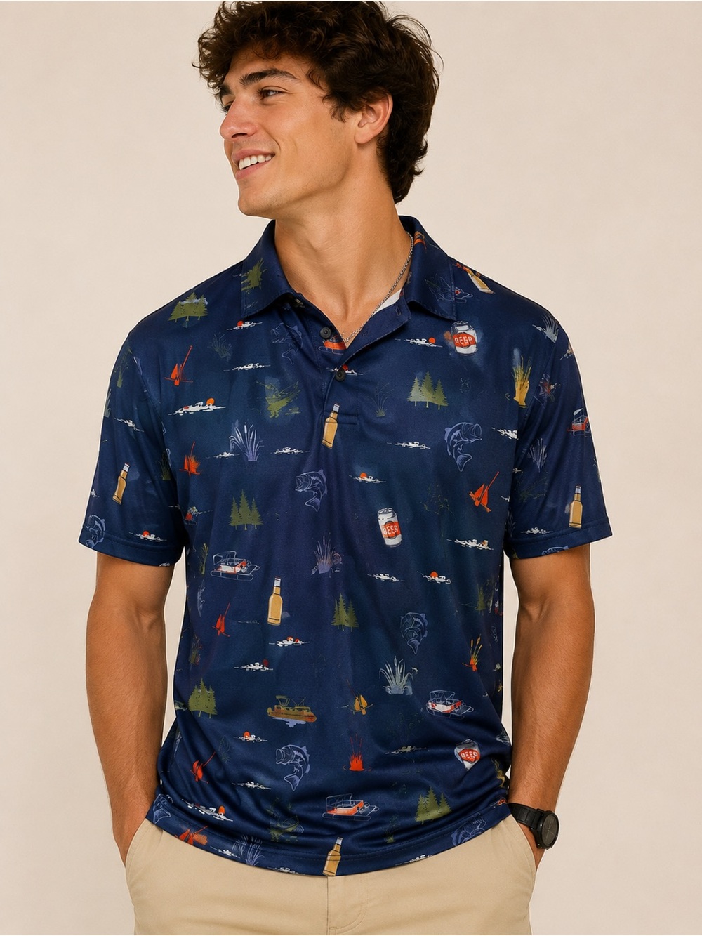 Aeroline Fishing Beer Camping Performance Polo Shirt Blue Large Stretch Outdoors